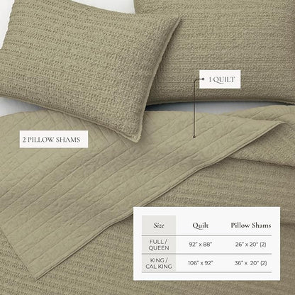 Great Bay Home Full/Queen Size Green 100% Cotton Honeycomb Waffle Quilt and Sham Set - Garment Washed, Waffle Weave Like Texture, Lightweight 3-Piece Bedding Set (Eucalyptus Green)