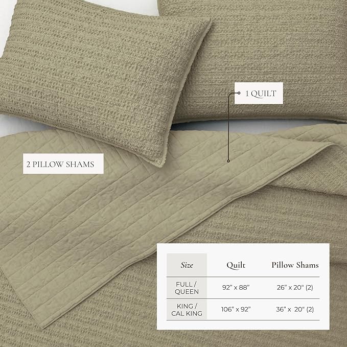 Great Bay Home King Size Green 100% Cotton Honeycomb Waffle Quilt and Sham Set - Garment Washed, Waffle Weave Like Texture, Lightweight 3-Piece Bedding Set (Eucalyptus Green)