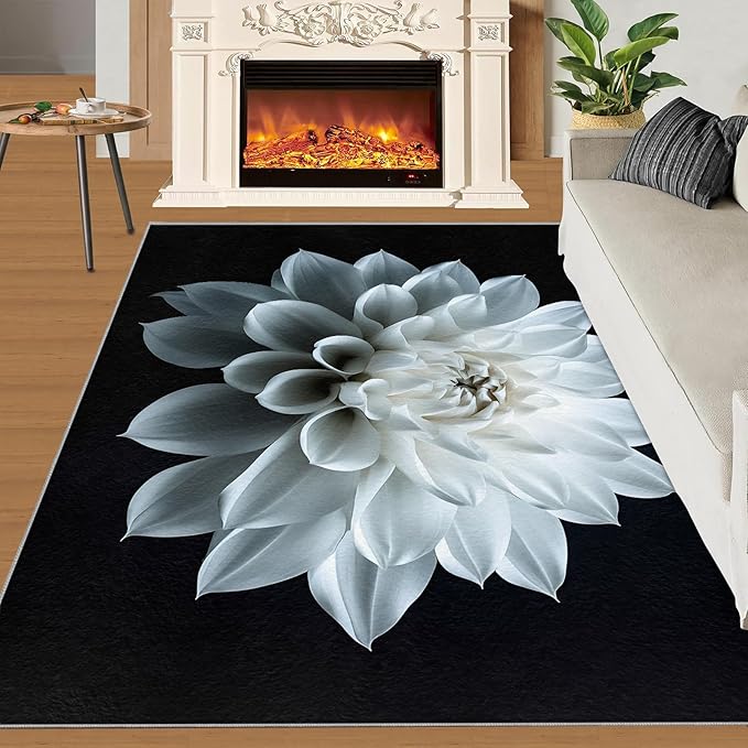 Petals Washable Area Rugs 5x6 Non-Slip Dahlia Living Room Rug White Flower Soft for Carpet Low Pile Indoor Door Mat & Room Decor