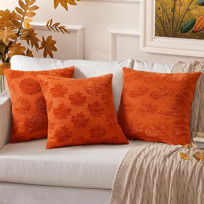 decorUhome Decorative Rust Maple Leaf Thanksgiving Throw Pillow Covers 18x18 Set of 2, Soft Chenille Jacquard Farmhouse Textured Pillow Covers for Couch Bed Sofa Autumn Harvest Halloween Holiday