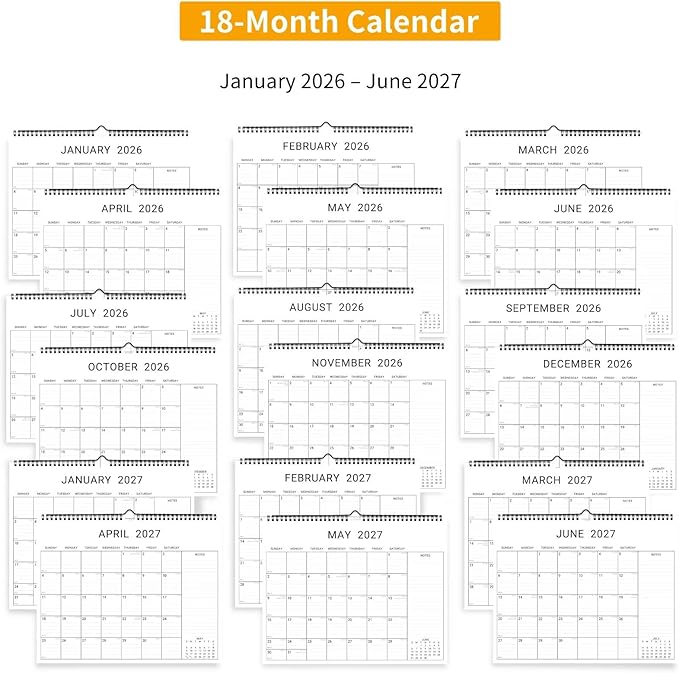 2026 Wall Calendar, 12 Month 14.8”x11.5” Year Monthly Organizer from January 2026-2027 Horizontal Blank Simple Spiral Bound Wire Hanging Calendar w/ Lines for Family, Home, Kitchen, Office White1