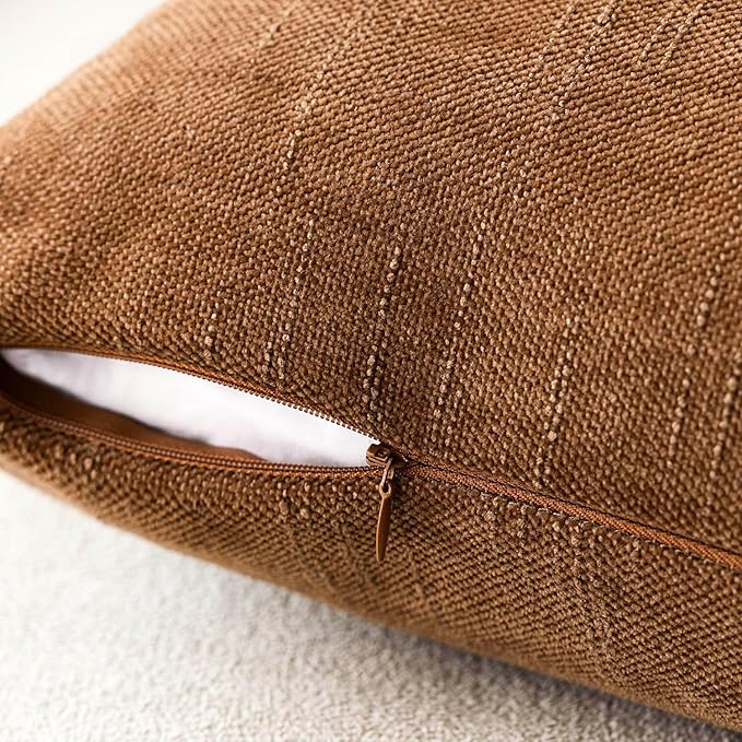 Foindtower Pack of 2 Soft Textured Chenille Throw Decorative Pillow Covers Square Accent Solid Cushion Cover Cozy Farmhouse Pillow Case with Zippe for Couch Sofa Bed Living Room 22x22 Inch, Bronze