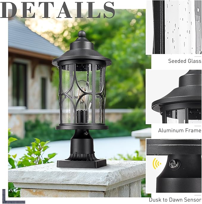 zeyu Outdoor Pole Light Fixture, 16.9 Inch Dusk to Dawn Sensor Post Light with Photocell Sensor, Black Pier Mount Light with Seeded Glass Shade, ZX48MP PC BK