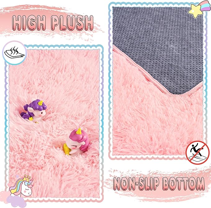 Super Fluffy Rug for Bedroom, 4x6 Shag Fuzzy Area Rug for Living Room Bedroom, Plush Soft Carpet for Girls Boys Kids, Non Slip Throw Rugs for Dorm, Modern Home Decor Aesthetic, Pink