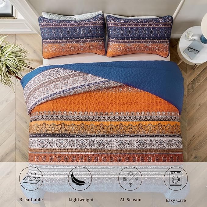 WONGS BEDDING Boho Quilt Set California King, Blue and Orange Bohemian Queen Summer Quilt Bedding Set, Lightweight Microfiber Bed Decor Bedspread for All Season 106"x96"(3 Pieces)