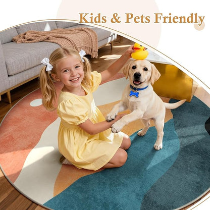 5 ft Abstract Round Rugs for Bedroom, Washable Non-Slip Circle Rug, Soft Colorful Low-Pile Floor Mat, Lightweight Indoor Throw Rugs for Living Room, Kidsroom, Entryway, Dining Room, Foyer