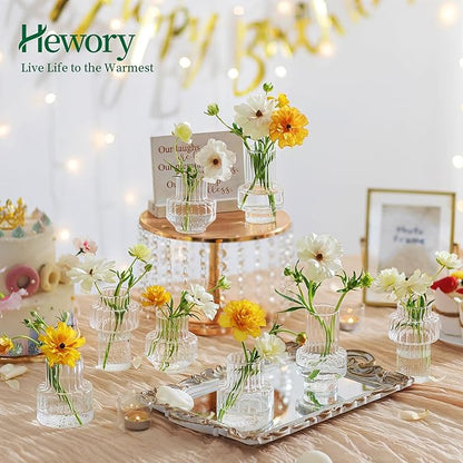 Hewory Ribbed Bud Vases for Centerpieces: Set of 4 Small Clear Glass Vase for Bridal Baby Shower Home Decor - Modern Table Decoration for Wedding & Event Planners