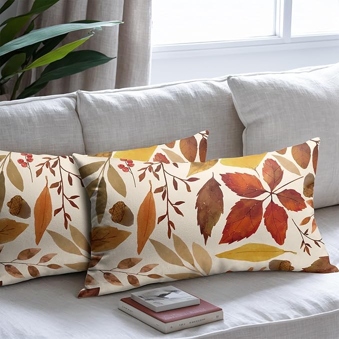 Fall Leaf Lumbar Pillow Covers 12x20 Set of 2 Brown Beige Maple Leaves Autumn Harvest Throw Pillow Cases Zipper Outdoor Decorative Cushion Cover Rustic Decoration Farmhouse Home Sofa Couch Bed Decor