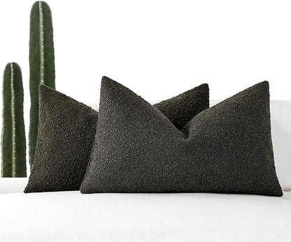 Boucle Decorative Lumbar Pillow Covers for Couch Set of 2, 12x20 inches, Dark Coffee