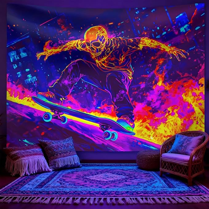 seewan Black Light Skull Tapestry, Glow-in-the-Dark UV Neon Street Art & Graffiti Wall Hanging, Cool Psychedelic Skull Skater Poster Tale, Bedroom Dorm Living Room Background Decor