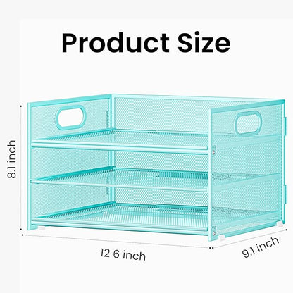 Subekyu 2-Pack 3-Tier Blue Metal Mesh Desk Paper Letter Tray & File Sorter Organizer with Handle + 1 Sliding Tray for Desk, Home, Office, School Supplies, A4 Paper and Accessories Storage