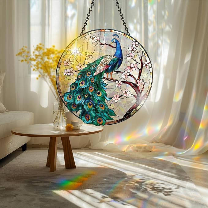 Bimkole Peacock Sun Catchers Indoor Window - Animals Acrylic Suncatcher Hanging Decoration for Living Room Bedroom Summer Home Balcony Outdoor Garden Ornaments Decoration 7.8x7.8 Inch