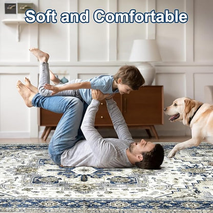 Area Rugs for Living Room 10x14 - Extra Large Machine Washable Vintage Oriental Soft Rug, Low Pile Thin Carpet with Non Slip Backing for Bedroom, Dorm, Dining Room, Indoor House, Office