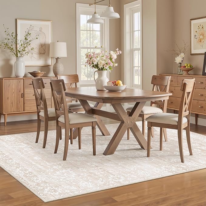 5x7 Area Rugs for Living Room, Beige Floral Washable Rugs for Dining Room, Bedroom, Home Office, Vintage Non-Slip Thin Rug
