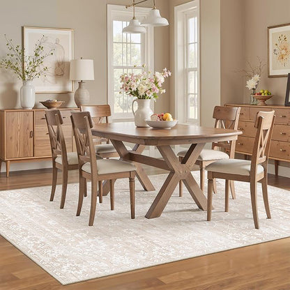 5x7 Area Rugs for Living Room, Beige Floral Washable Rugs for Dining Room, Bedroom, Home Office, Vintage Non-Slip Thin Rug