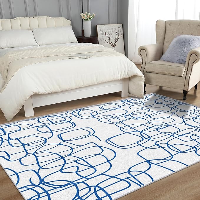 Abstract Rugs - Abstract Contemporary Rug, 2x3 Rug, Minimalist Boho Blue and White Line Art Area Rug & Room Decor, Modern Carpet & Home Decor, Washable Non Slip Anti Skid Rugs