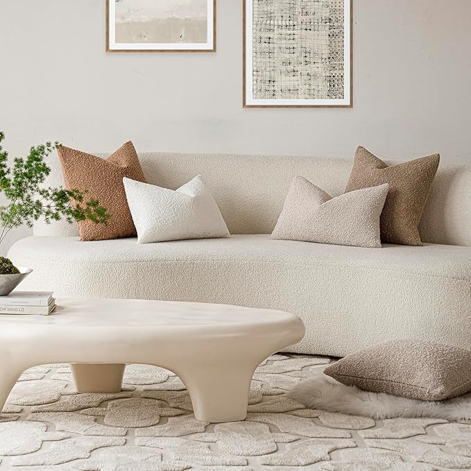 Foindtower Textured Boucle Throw Pillow Covers Accent Solid Lumbar Pillow Cases Cozy Soft Decorative Couch Cushion Case for Chair Sofa Bedroom Living Room Home Decor, 12 x 20 Inch,Light Beige