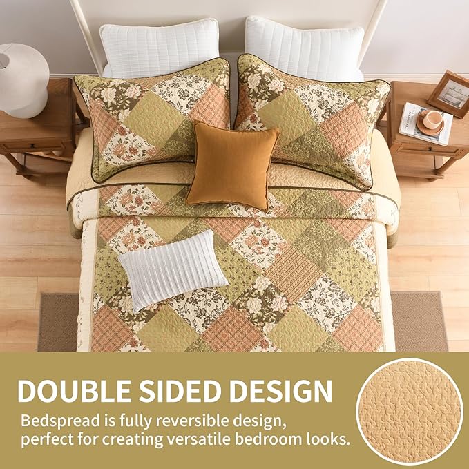 SahSahCasa 100% Cotton 120"x120" Oversized California King Bedspread Coverlet Quilt Set, Cal King Quilted Bedspread Extra Large Quilt, Floral XL Bed Spread Lightweight Comforter, Beige/Green/Brown
