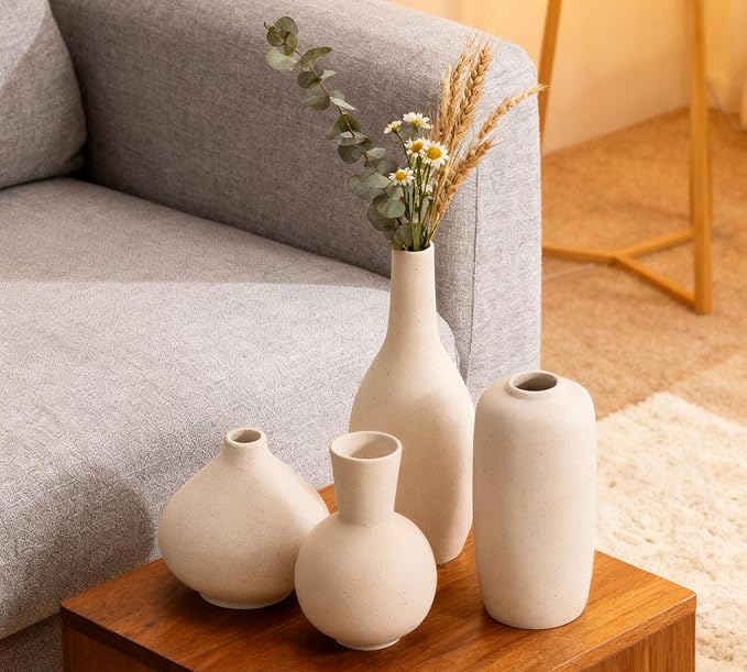 Beige Ceramic Vase Home Decor Small Flowers Vase Set of 4 Living Room Decoration Bookshelf Bedroom Kitchen Dining Table Modern Farmhouse
