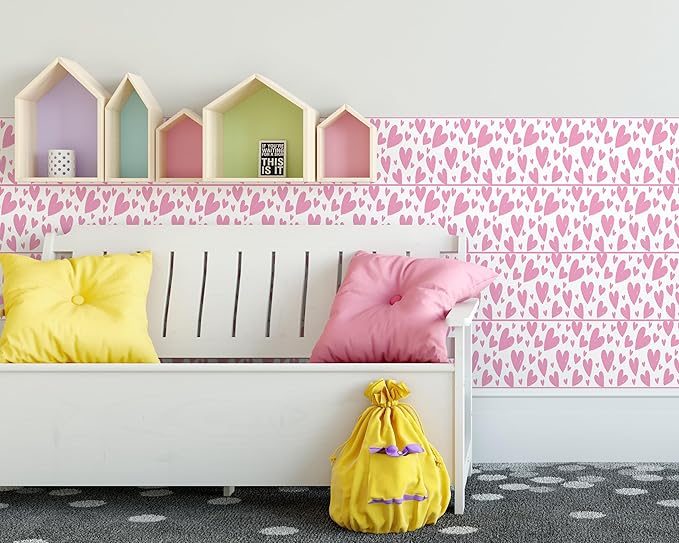 FLFK Pink Heart Wallpaper Border - Peel and Stick Wall Paper, Self Adhesive Removable PVC Borders Sticker, Modern Waterproof Trim for Home Decor, 10" x 240"
