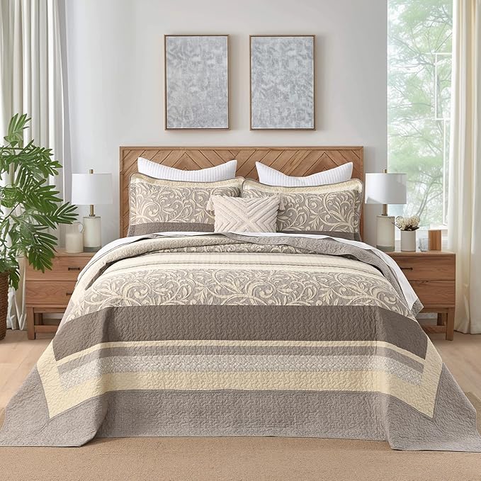 Lightweight Queen Bedspreads 120x102, 100% Cotton Oversized Quilt, Striped Botanical Pattern Coverlet, Reversible Farmhouse Quilted Bedding Set 3 Piece, Brown/Taupe/Cream