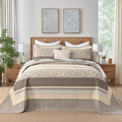 Lightweight Queen Bedspreads 120x102, 100% Cotton Oversized Quilt, Striped Botanical Pattern Coverlet, Reversible Farmhouse Quilted Bedding Set 3 Piece, Brown/Taupe/Cream