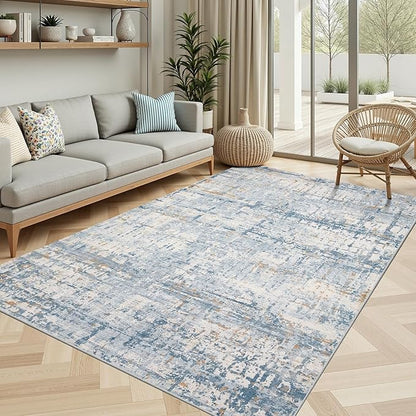 5x7 Area Rugs for Bedroom Living Room,Non-Slip Washable Rug, Modern Abstract Blue Rugs for Dining Room, Foldable Thin Indoor Carpet Stain Resistant(Blue Beige)
