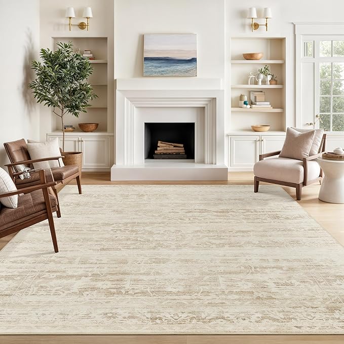 Area Rugs 5x7 for Living Room, Floral Washable Rugs for Dining Room, Bedroom, Kitchen, Vintage Non-Slip Thin Area Rug Beige Ivory
