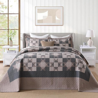 EWlinens 100% Cotton 120"x102" Oversized Queen Bedspread - Rustic Cabin Star Patchwork Plaid Extra Large Quilts Bedding Set, Farmhouse Oversized Queen Quilt Bed Spread, 3pcs, Brown/Charcoal Gray