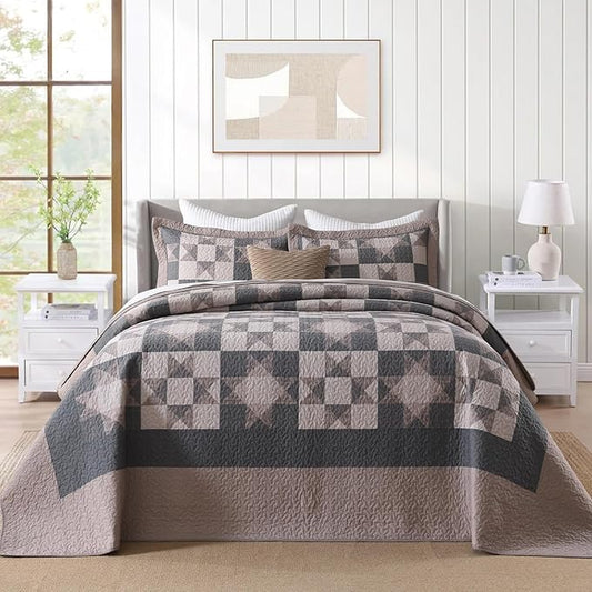 EWlinens 100% Cotton 120"x102" Oversized Queen Bedspread - Rustic Cabin Star Patchwork Plaid Extra Large Quilts Bedding Set, Farmhouse Oversized Queen Quilt Bed Spread, 3pcs, Brown/Charcoal Gray