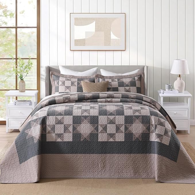 EWlinens 100% Cotton 120"x120" Oversized King Bedspread - Rustic Cabin Star Patchwork Plaid Extra Large Quilts Bedding Set, Farmhouse Oversized King Quilt Bed Spread, 3 Pieces, Brown/Charcoal Gray