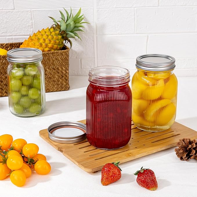 LUODA MirthMood 32 OZ Wide Mouth Mason Jars, 4 PACK Glass Mason Jars with airtight Lids, Quart mason jars wide mouth for Fermenting, Pickling, Freezing, Preserving, Meal Prep, Jar Décor