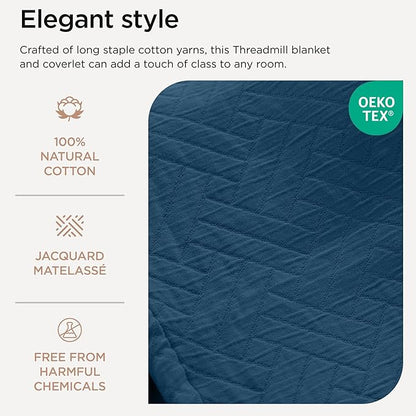 Threadmill Luxury Cotton Blankets for King Size Bed | All-Season Cozy 100% Cotton Blanket | Criss Cross Soft & Lightweight Coverlet fits California King Size Bed, 104x92 | Folkstone Blue