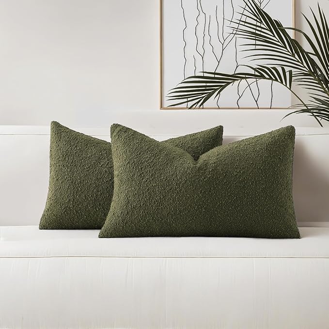 HAUSSY Set of 2 12x20 Decorative Throw Pillow Covers, Soft Cozy Textured Boucle Lumbar Pillow Cases, Home Decor for Couch Bed Living Room, Moss Green