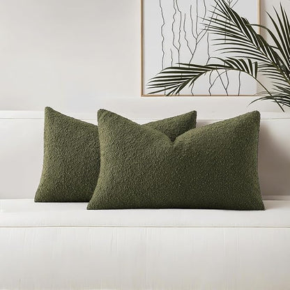 HAUSSY Set of 2 12x20 Decorative Throw Pillow Covers, Soft Cozy Textured Boucle Lumbar Pillow Cases, Home Decor for Couch Bed Living Room, Moss Green