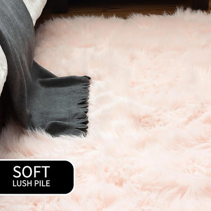 Super Area Rugs Pink Fluffy Rug - Faux Sheepskin Rug, Light Pink 2 x 3 Feet Carpet for Bedroom Living Room