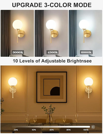 Battery Operated Globe Wall Sconces Set of 2, Brushed Gold Wireless Wall Lights with Remote Control, Rechargeable 3 Color Stepless Dimming Modern Wall Decor Lamp for Bedroom Living Room Hallway