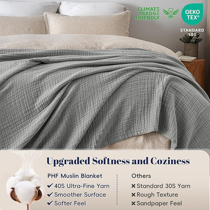 PHF 100% Cotton Muslin Blanket King Size 108"x90", 4-Layer Lightweight Gauze Throw, Breathable Cloud-Soft Minimalist Blanket for Bed, Couch, Camping & Baby, Grey, Ideal Gift