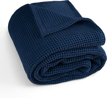 100% Cotton Waffle Blankets for Bed - Queen (90" x 90") Lightweight, Breathable and Soft, Waffle Weave Blanket for All-Season - Summer, Spring, Winter (Blue)