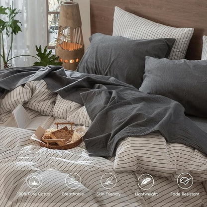MooMee Bedding Sheet Set 100% Washed Cotton Linen Like Textured Breathable Durable Soft Comfy (Heathered Dark Grey, King)