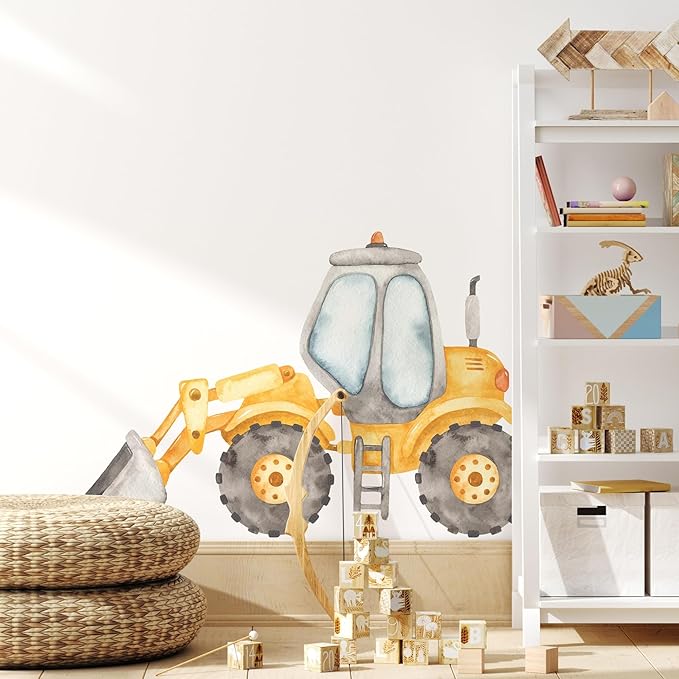 Construction Front End Loader Wall Decal for Boys Room, Tractor Peel Stick Removable Fabric Construction Truck Wall Sticker, Nursery or Playroom Decor, Repositionable (18 inch: 11" Tall x 18" Wide)