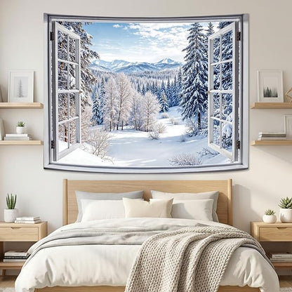 Lifeel Winter Snowy Scenic Tapestry, Forest Nature Landscape Window Tapestries, Living Room Dorm Bedroom Wall Decor White, 60x80 inches
