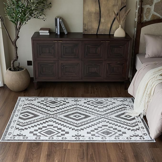 Moroccan Washable Area Rug 4x6, Geometric Decorative Woven Rug Low Pile, Non-Slip Boho Accent Farmhouse Area Rug for Living Room Laundry Bedroom Dining Table, Dark Brown/White