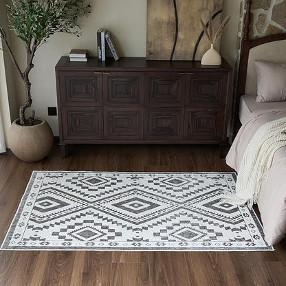 Moroccan Washable Area Rug 4x6, Geometric Decorative Woven Rug Low Pile, Non-Slip Boho Accent Farmhouse Area Rug for Living Room Laundry Bedroom Dining Table, Dark Brown/White