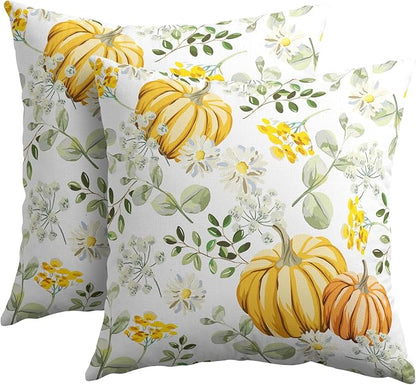 Pumpkin Fall Pillow Covers 22x22 Set of 2 Yellow Saga Green Leaf Autumn Floral Thanksgiving Pillow Cases Outdoor Decorative Holiday Cushion Cover Rustic Decoration Farmhouse Home Sofa Couch Bed Decor