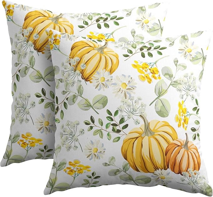 Pumpkin Fall Pillow Covers 24x24 Set of 2 Yellow Saga Green Leaf Autumn Floral Thanksgiving Pillow Cases Outdoor Decorative Holiday Cushion Cover Rustic Decoration Farmhouse Home Sofa Couch Bed Decor