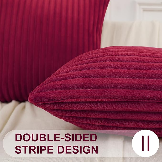 Simmore Decorative Euro Sham Throw Pillow Covers 22x22 Set of 2, Soft Natural Plush Flannel Double-Sided Fluffy Couch Pillow Covers for Sofa Living Room, Burgundy