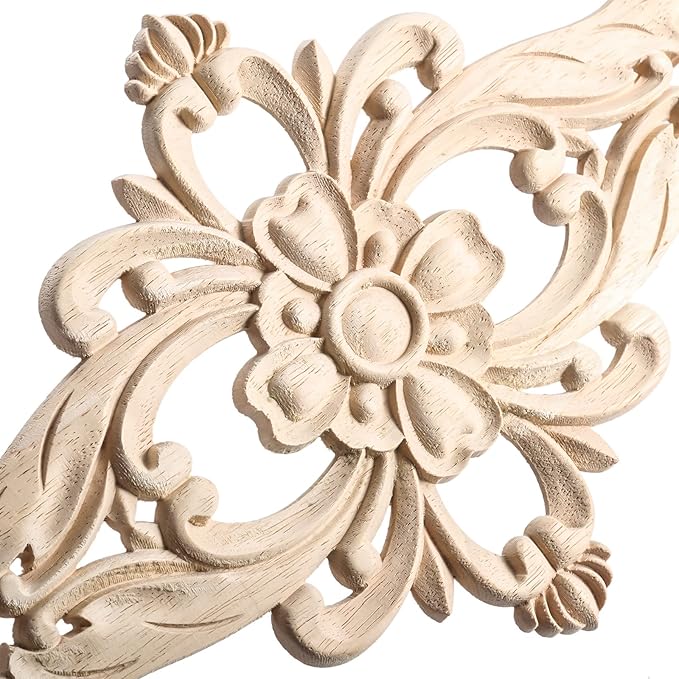 MUXSAM Wood Carved Appliques Furniture Decorative Onlays, 2Pcs Unpainted DIY Center Carving Decal for Door Wall Ceiling Cabinet Dresser Mirror Bed Mantel Bench Decoration, 20x10cm/7.8"x3.94"
