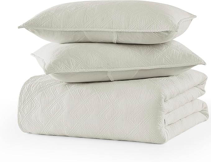 WDCOZY 100% Cotton Twin Size Quilt Set - Beige Pre-Washed Soft Lightweight Modern Bedspread, Farmhouse Country Rustic Coverlet, Textured Like Linen, Shabby Chic Gauze Bedding, 2 Pieces