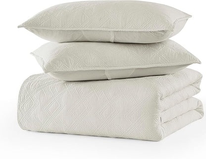 WDCOZY 100% Cotton King Size Quilt Set - Beige Pre-Washed Soft Lightweight Modern Bedspread, Farmhouse Country Rustic Coverlet, Textured Like Linen, Shabby Chic Gauze Bedding, 3 Pieces